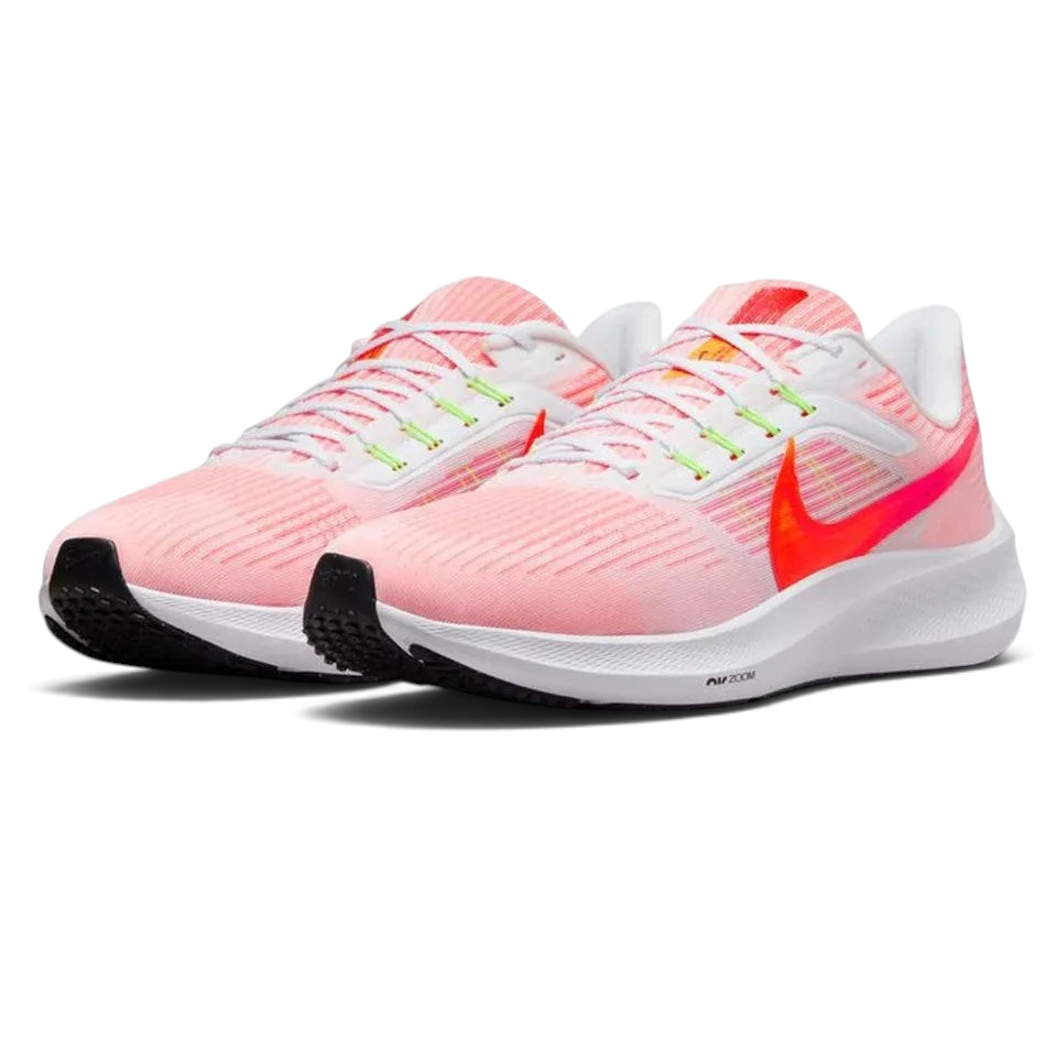 Angled shot of both Nike Pegasus 39 trainers side by side, showcasing the aerodynamic shape and vibrant orange detailing.