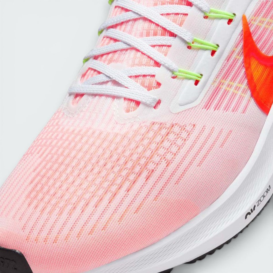 Close-up of the front of the Nike Pegasus 39, showing the reinforced mesh toe cap and the integrated Flywire lacing for a secure fit.