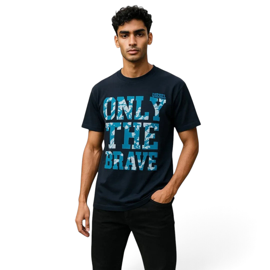 Man wearing a black t-shirt with 'Only the Brave' text on a white background Main image