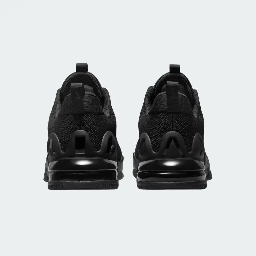 Rear view of the Nike Air Max Alpha Trainer 5 Men's black, focusing on the prominent Max Air unit in the heel and wide, flat base for stability.