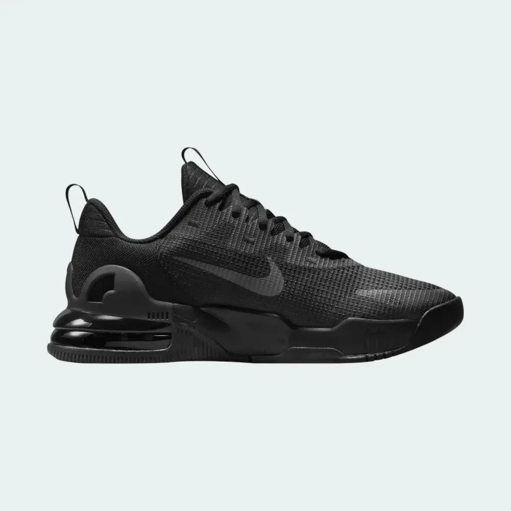Nike Air Max Alpha Trainer 5 Men's shoes in black and dark smoke grey, side profile showing visible Max Air unit in the heel, durable mesh upper, and supportive overlays. Main image