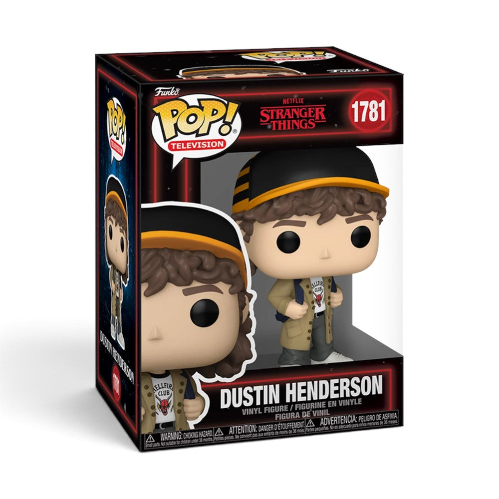 Highlights the vinyl figure housed safely inside its dark, red-accented Stranger Things Season 5 window box, showing the Pop! Television logo, box number 1781, and a detailed front illustration of Dustin on the lower left.