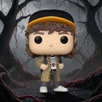 Shows the Dustin Henderson figure placed against an atmospheric, dark Upside Down forest backdrop with red vines and creeping roots, highlighting the figure's detailed moulding and vivid colour contrast.