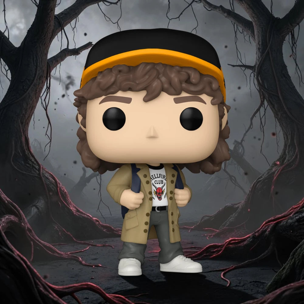 Shows the Dustin Henderson figure placed against an atmospheric, dark Upside Down forest backdrop with red vines and creeping roots, highlighting the figure's detailed moulding and vivid colour contrast.
