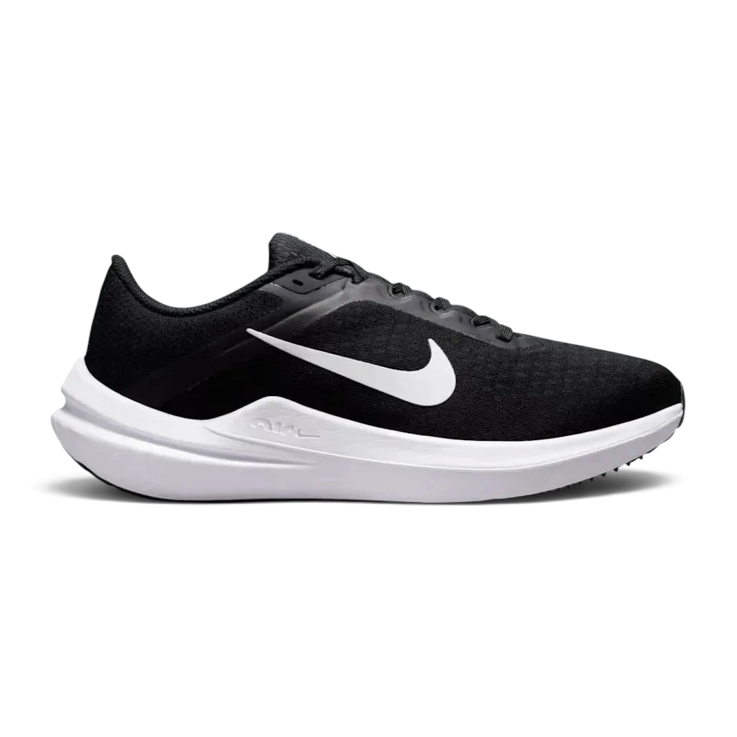 Nike Air Winflo 10 Women's trainers in black, side profile showing the white Nike Swoosh, engineered mesh upper, and the thick cushioned midsole. Main image