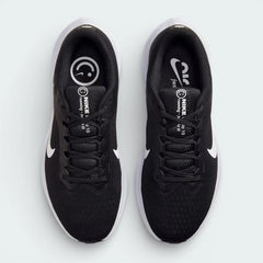 Top-down view of the black Nike Air Winflo 10 trainers, highlighting the sleek lacing system and the breathable mesh texture across the toe box.