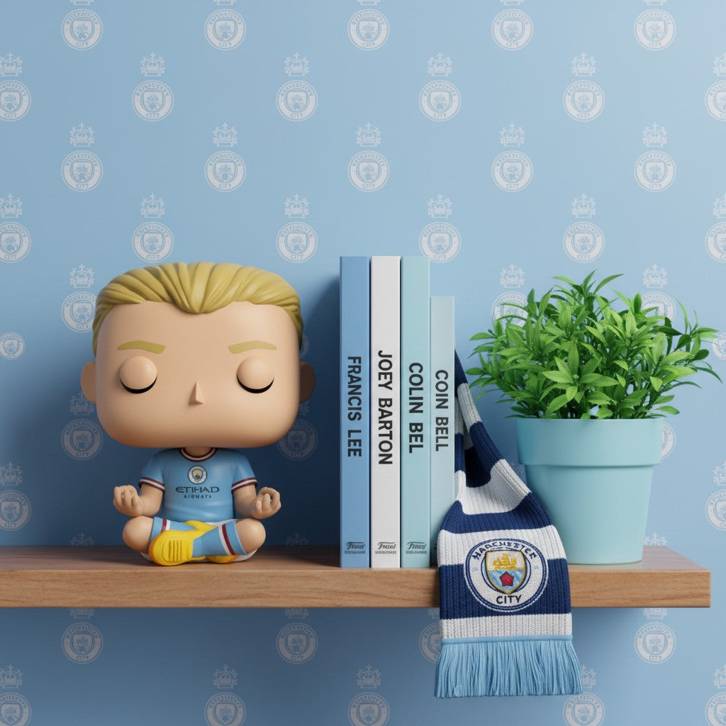Funko Pop! vinyl figure on a shelf with books and a plant against a blue wall with logos.