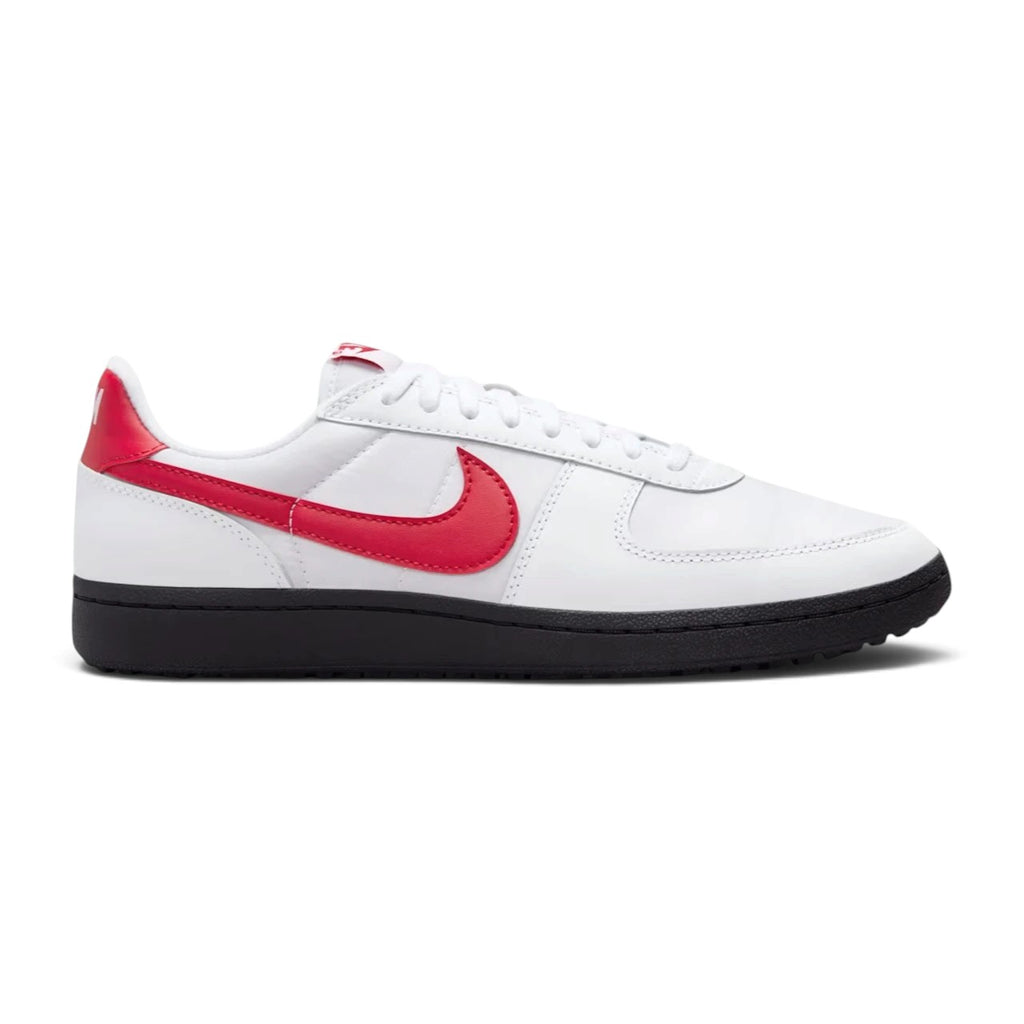 Side profile of the Nike Field General '82 SP sneaker in white leather with a vibrant red Swoosh and a black Waffle rubber sole.