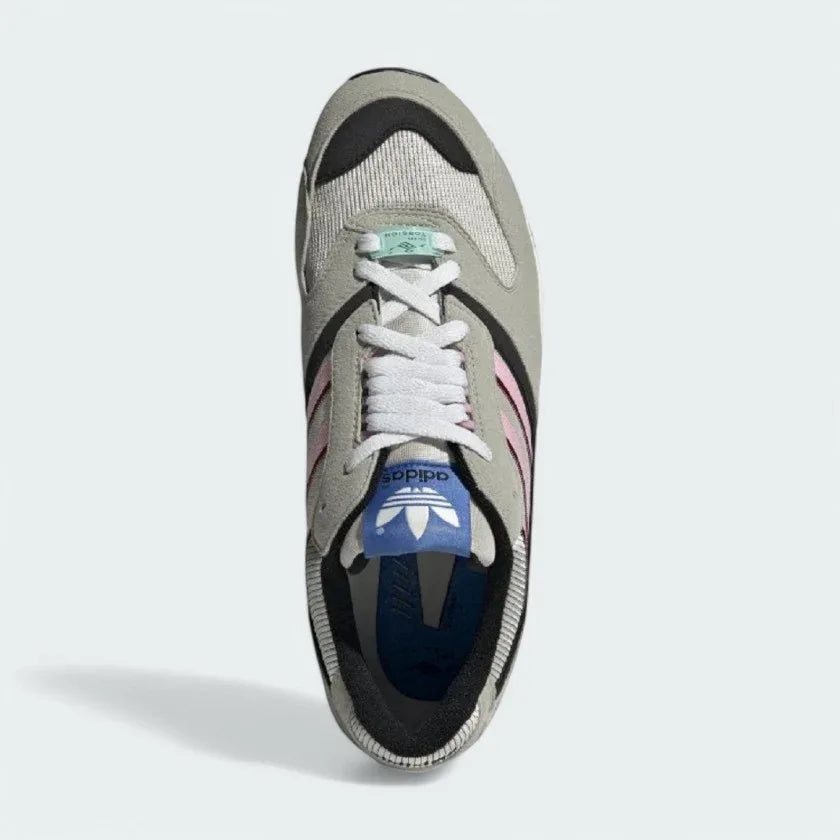 Top-down view of a pair of Adidas ZX 4000 Men's trainers in grey, highlighting their chunky silhouette and lace-up closure.