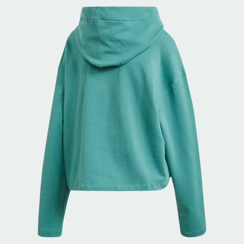 Adidas Premium Hoodie Trefoil Overhead Women's in noble green, back view showcasing the plain design and the hood.