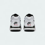 Rear view of the Nike Air Flight 89 Juniors' white basketball trainers, focusing on the padded collar, heel counter, and Nike Air branding.