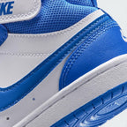 Detailed close-up of the lateral rear cupsole, showing the textured white midsole stitching, Blue Crystal heel overlay, and the edge of the blue tread.