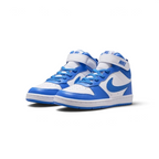 Emphasising the low-cut mid-top stance of the junior shoes and the clean color harmony between the white leather chassis and vivid Blue Crystal accenting.