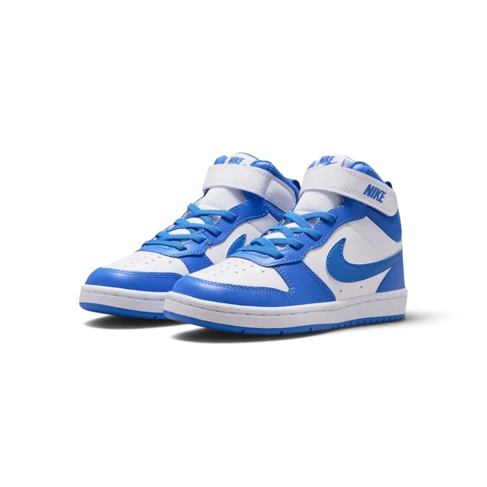 Emphasising the low-cut mid-top stance of the junior shoes and the clean color harmony between the white leather chassis and vivid Blue Crystal accenting.
