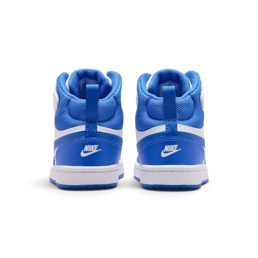 Focuses on the rear profile, highlighting the Blue Crystal leather heel cups with white embroidered "NIKE" logos, blue pull loops, and heavily padded blue mesh ankle collars.