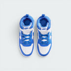 Focuses on the locked-in closure layout, displaying the symmetry of the white mesh tongue, Blue Crystal elastic laces, white leather strap with blue "NIKE" branding, and perforated toe box.