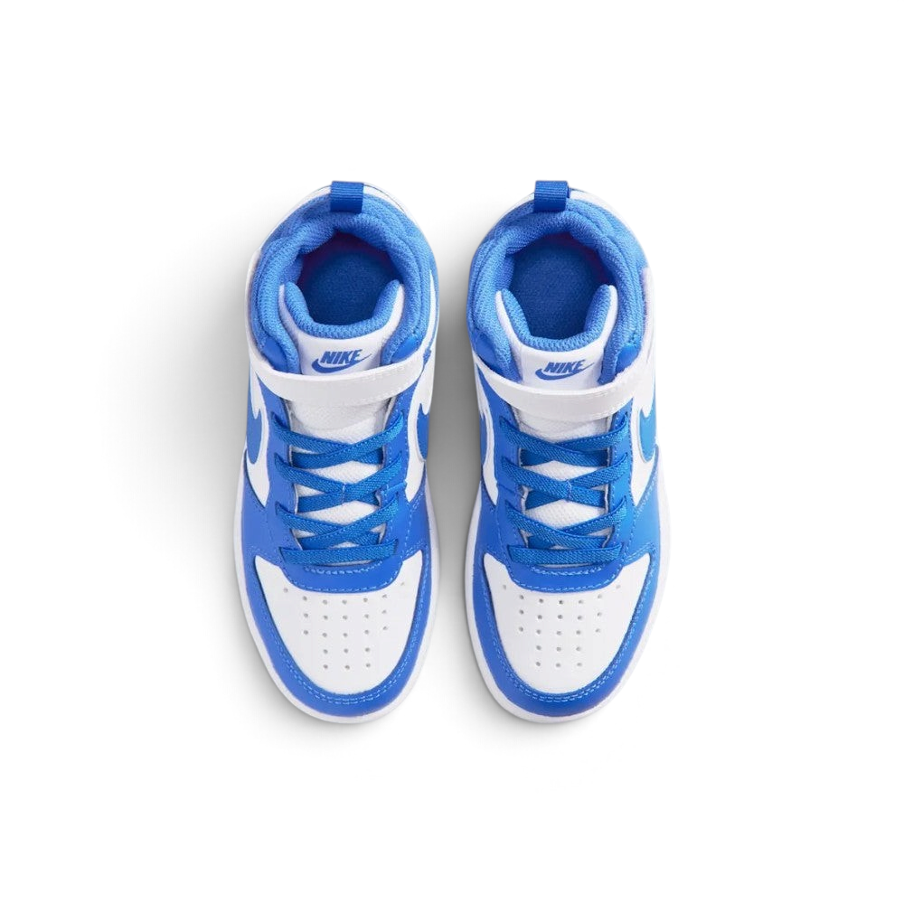 Focuses on the locked-in closure layout, displaying the symmetry of the white mesh tongue, Blue Crystal elastic laces, white leather strap with blue "NIKE" branding, and perforated toe box.
