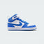 Highlights the lateral profile showing the vibrant Blue Crystal leather Swoosh, double-stitched toe and heel overlays, white leather mid-panel, padded mesh collar, and white cupsole wall.