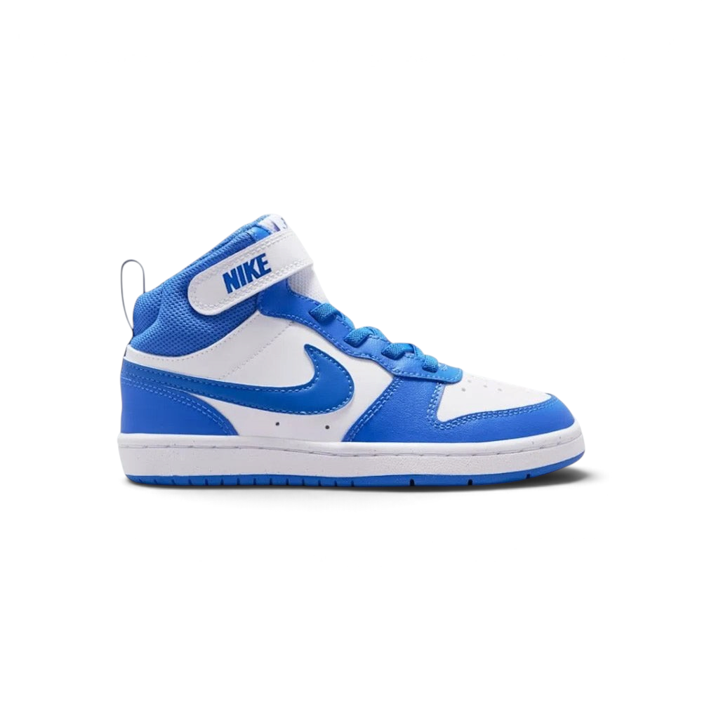 Highlights the lateral profile showing the vibrant Blue Crystal leather Swoosh, double-stitched toe and heel overlays, white leather mid-panel, padded mesh collar, and white cupsole wall. Main image