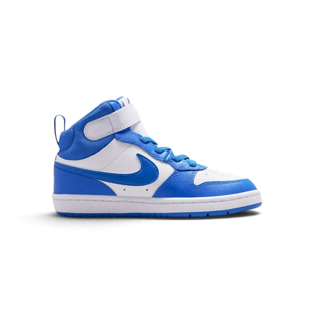 Highlights the inner profile showing the white leather quarter panel, Blue Crystal Swoosh, blue eyestay overlays, white strap closure, and clean cupsole sidewall.