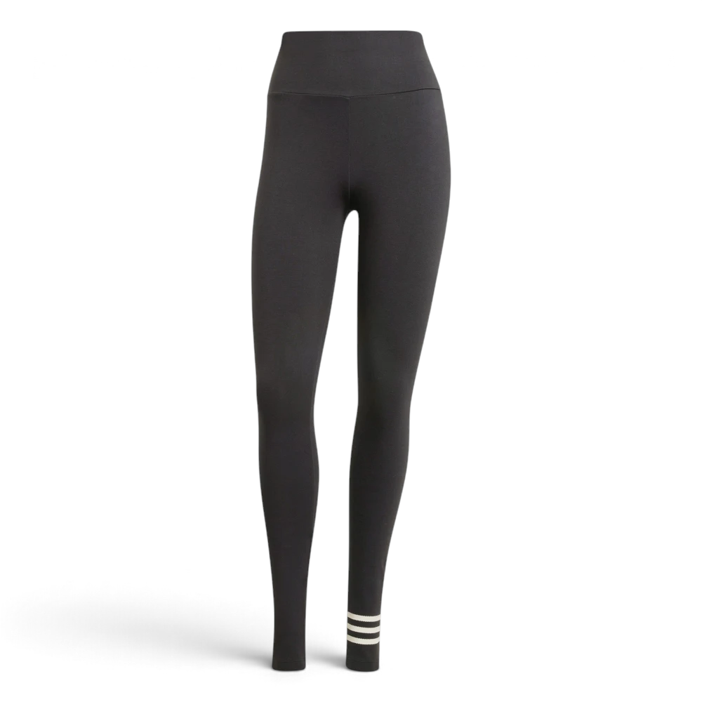 Front view of the black adidas Neuclassics leggings displayed on a plain white background, showcasing the high waistband, full-length slim fit, and asymmetric white 3-Stripes wrapping around the left lower leg.