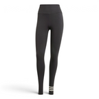 Front view of the black adidas Neuclassics leggings displayed on a plain white background, showcasing the high waistband, full-length slim fit, and asymmetric white 3-Stripes wrapping around the left lower leg.