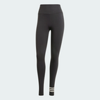 Front view of the black adidas Neuclassics leggings displayed on a plain white background, showcasing the high waistband, full-length slim fit, and asymmetric white 3-Stripes wrapping around the left lower leg.