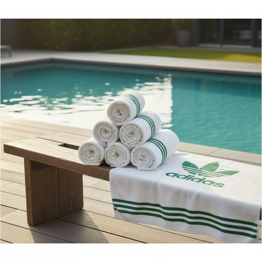 Stack of towels with Adidas logo by a poolside