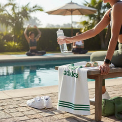 Person by a pool holding an Adidas towel and water bottle, with another person exercising in the background.