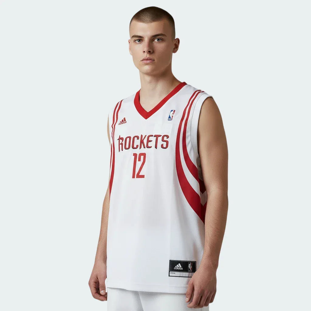 Person wearing a Houston Rockets basketball jersey with the number 12 on a white background