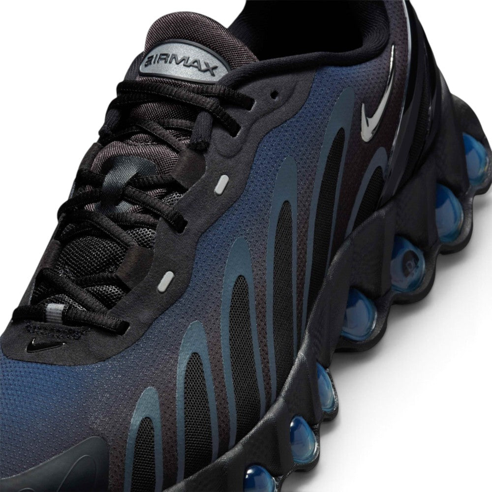 Details the micro-precision of the forefoot area, showing the fine-gauge Thunder Blue mesh, bonded seamless black toe bumper, mini embroidered toe Swoosh, black laces, reflective eyelet bars, and the oval "AIRMAX" tongue badge.