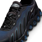 Details the micro-precision of the forefoot area, showing the fine-gauge Thunder Blue mesh, bonded seamless black toe bumper, mini embroidered toe Swoosh, black laces, reflective eyelet bars, and the oval "AIRMAX" tongue badge.
