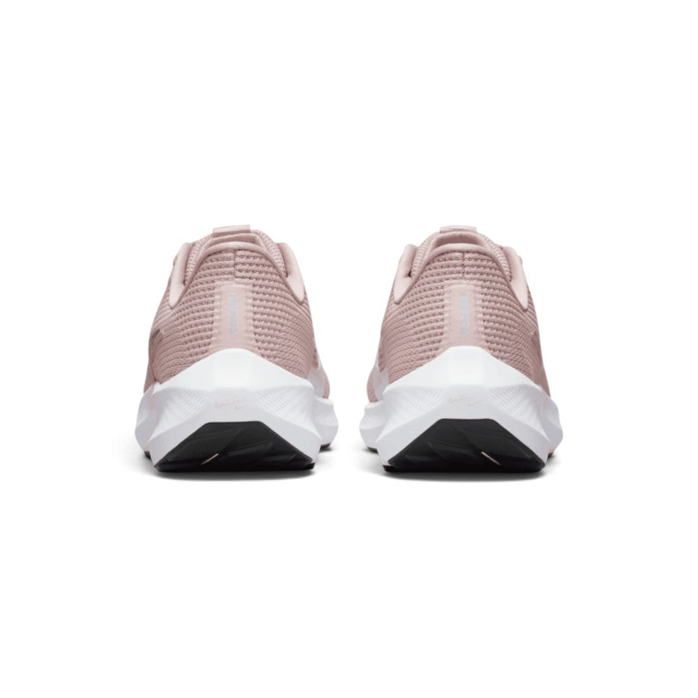 Close-up rear angle focusing on the supportive Pink Oxford heel counters, the tapered white midsole flare, and the vertical reflective rear strip designed for night-running visibility