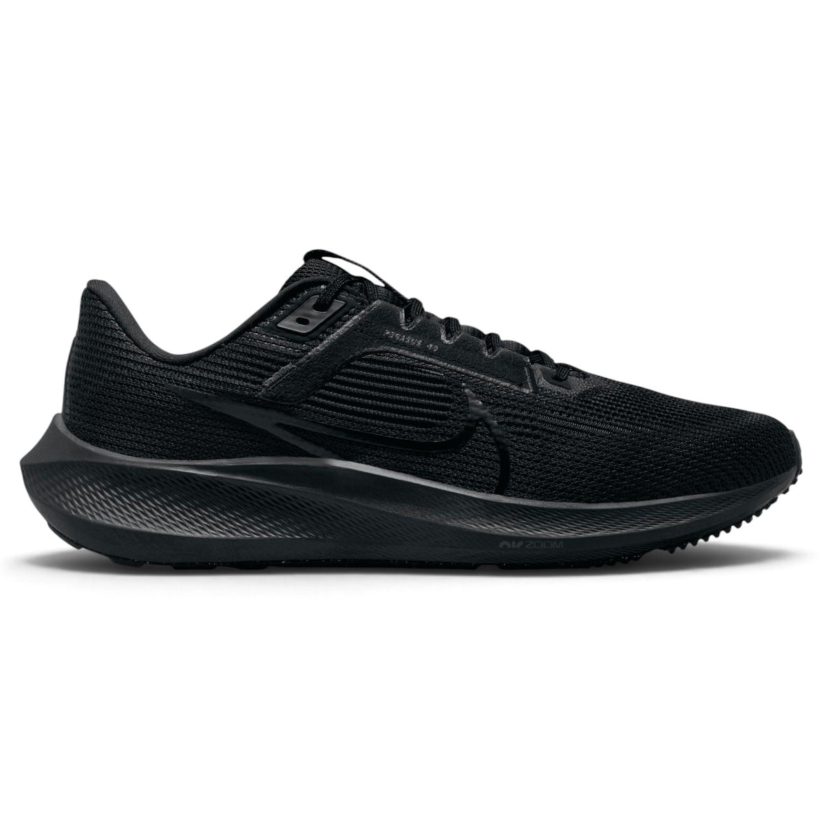 Displays the lateral silhouette featuring the all-black single-layer engineered mesh upper, tonal Anthracite printed Swoosh, structured midfoot fit saddle, sculpted Nike React midsole, and beveled heel design.