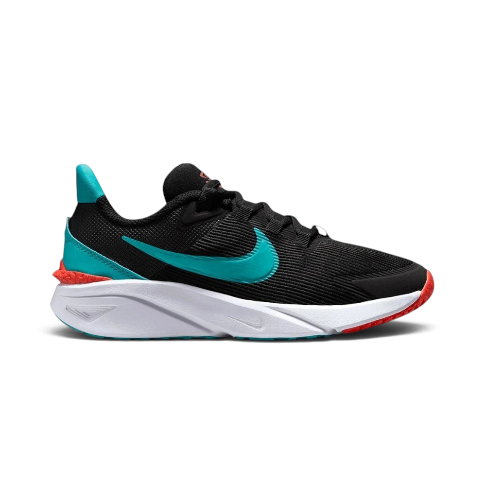 Highlights the high-velocity sweep of the contrasting Dusty Cactus teal Swoosh, showing the professional, multi-textured black mesh upper, the vibrant Bright Crimson lace loop accents, and the clean white foam midsole wall moving up to the specialized flexible heel frame.