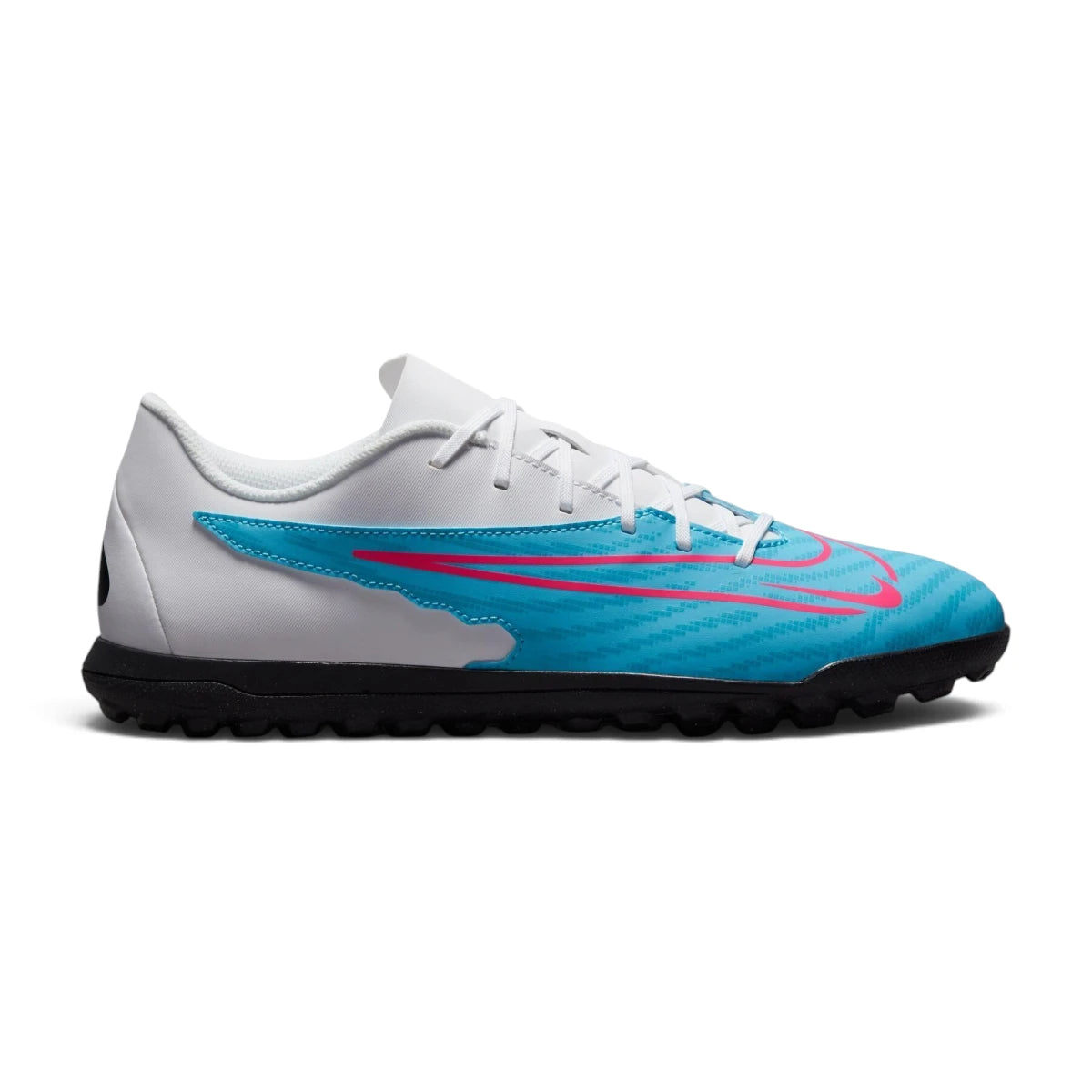 Studio side-profile shot of the Nike Phantom GX Club Turf shoes in Baltic Blue, Pink Blast, and White, highlighting the synthetic leather upper, white heel counter, pink wraparound swoosh, and black rubber turf sole. Main image