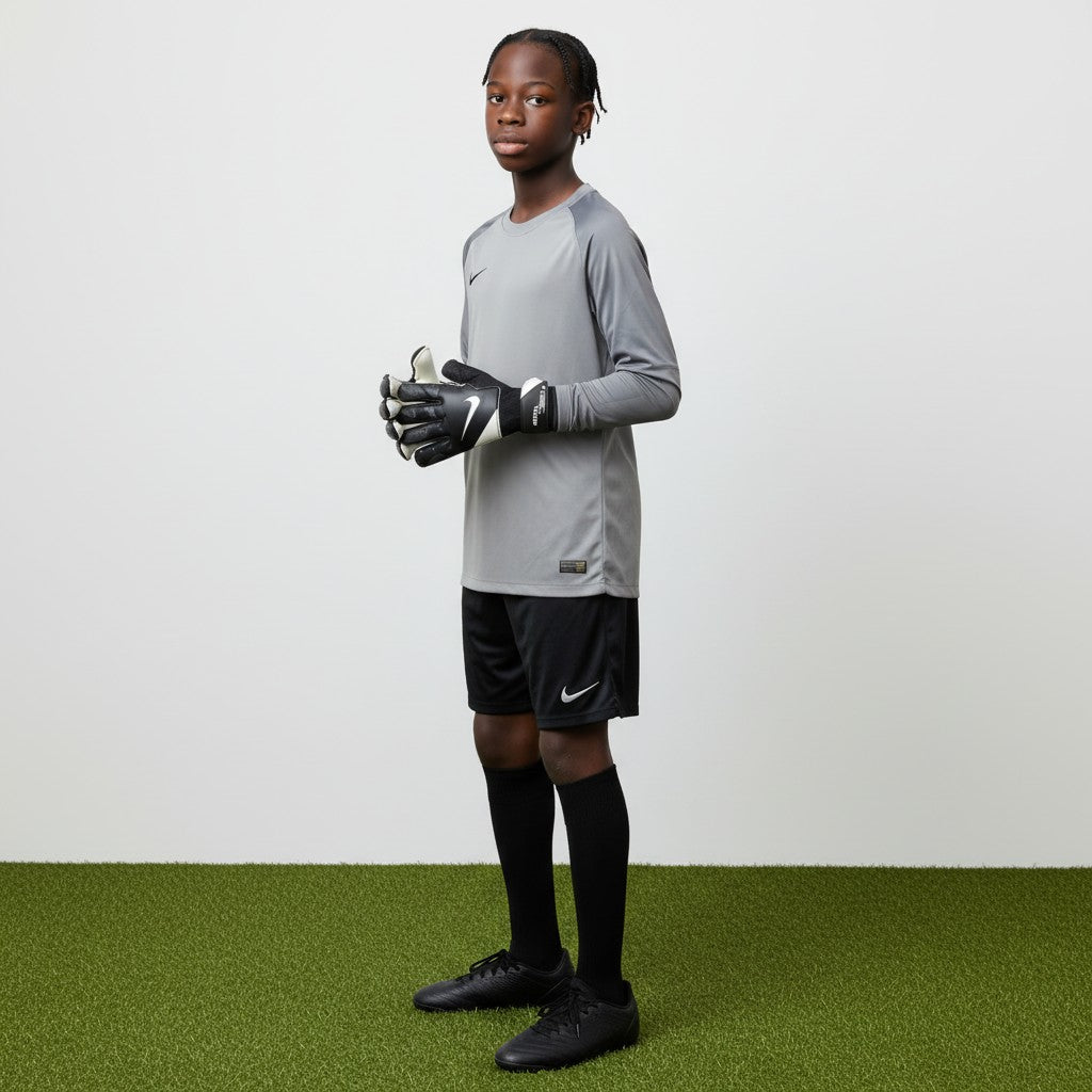 Young baller wearing a grey sports jersey and black shorts on a green and white background