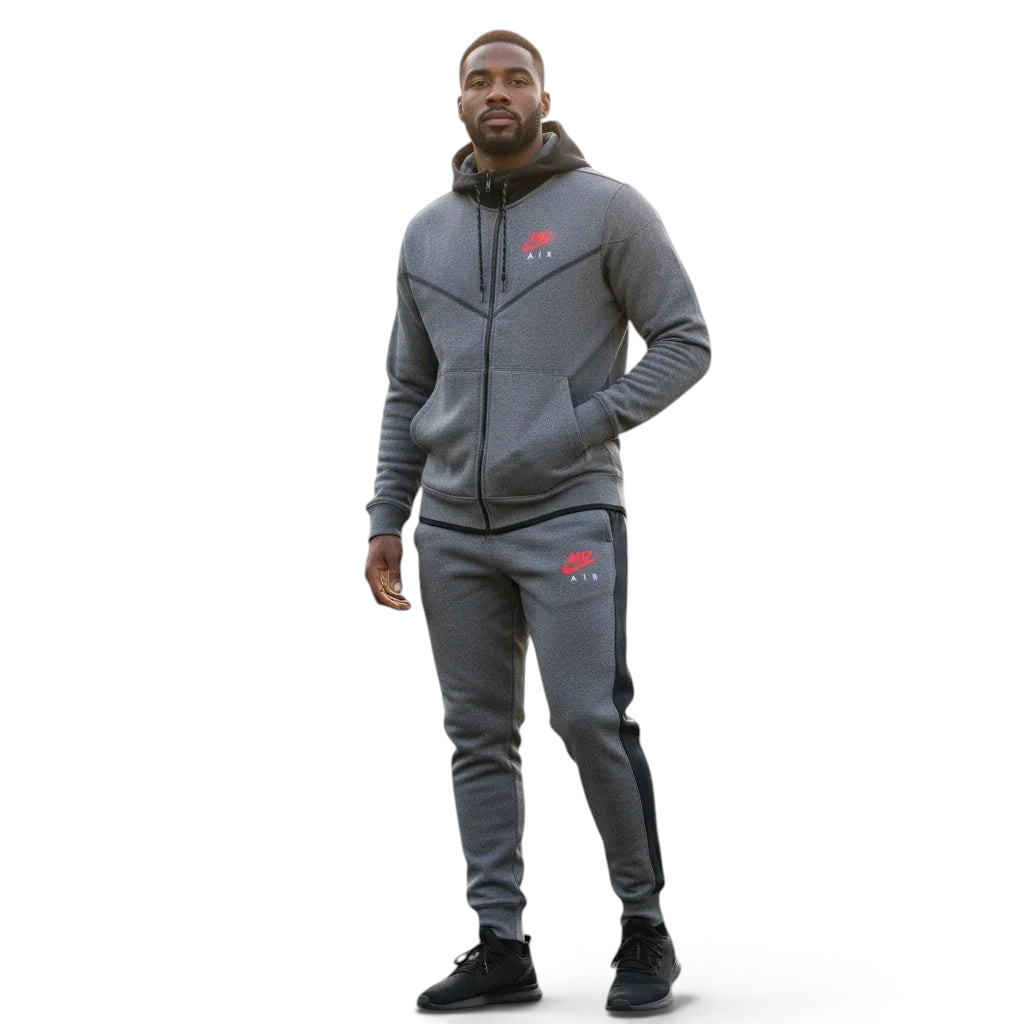 Nike Air NSW Fleece Men's Tracksuit in heather grey, front view worn by a model showing the full-zip hoodie and matching tapered joggers, with Nike Air logos visible. Main image