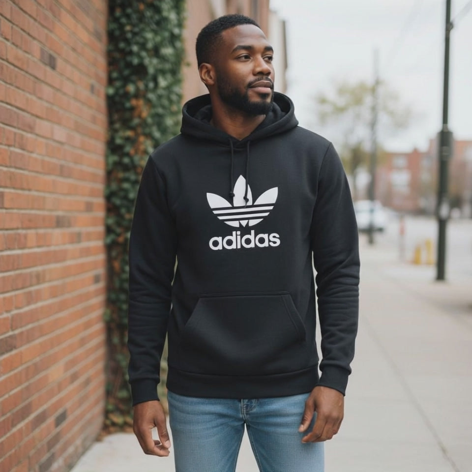 Video of a model wearing the hoodie in public showing the fit and style of the clothing