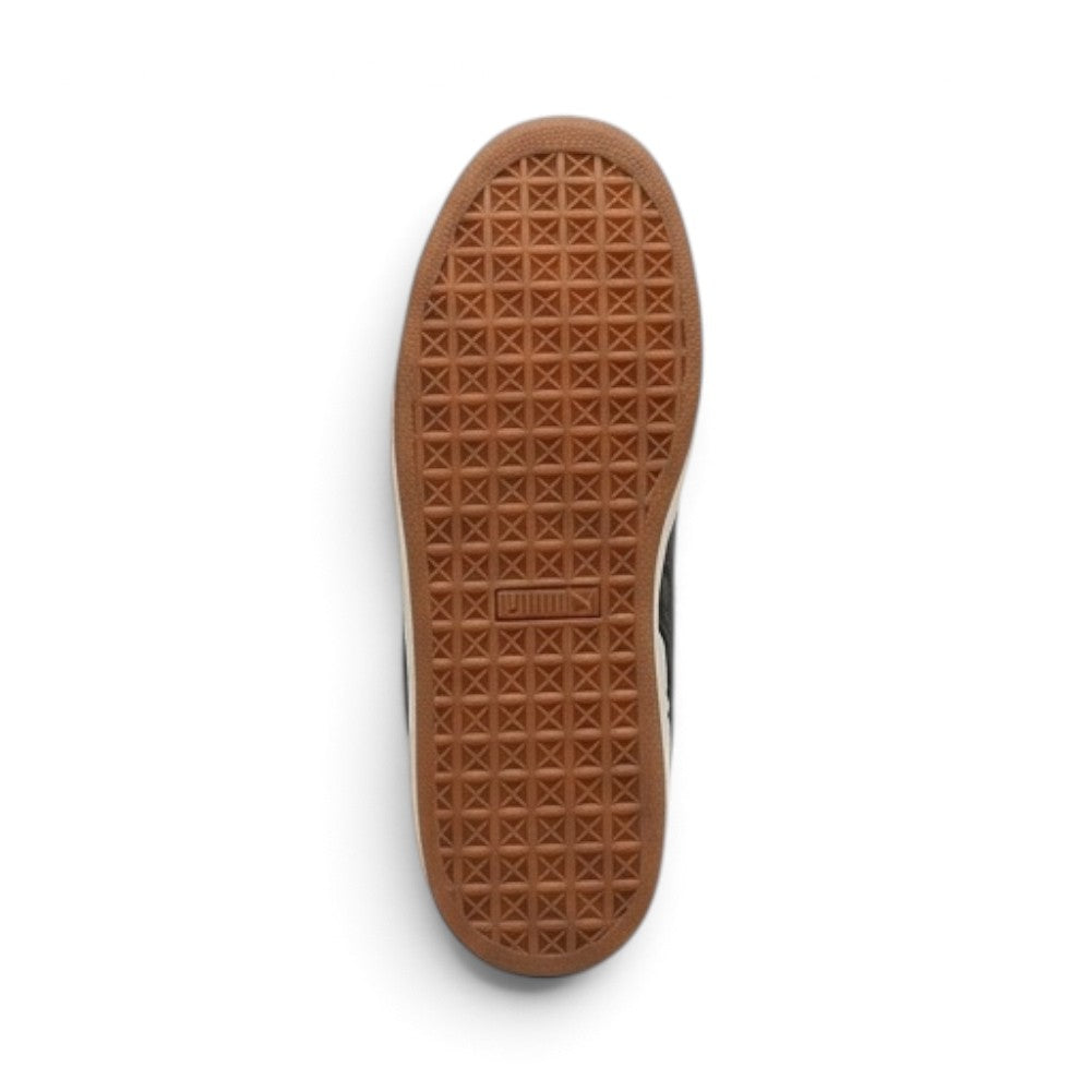 Full-length bottom profile showing the gum rubber outsole, highlighting the signature geometric cross-hatch traction grid, perimeter flex grooves, and central debossed PUMA logo box.