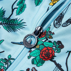 Close-up of a floral-patterned fabric with a zipper and a decorative button.
