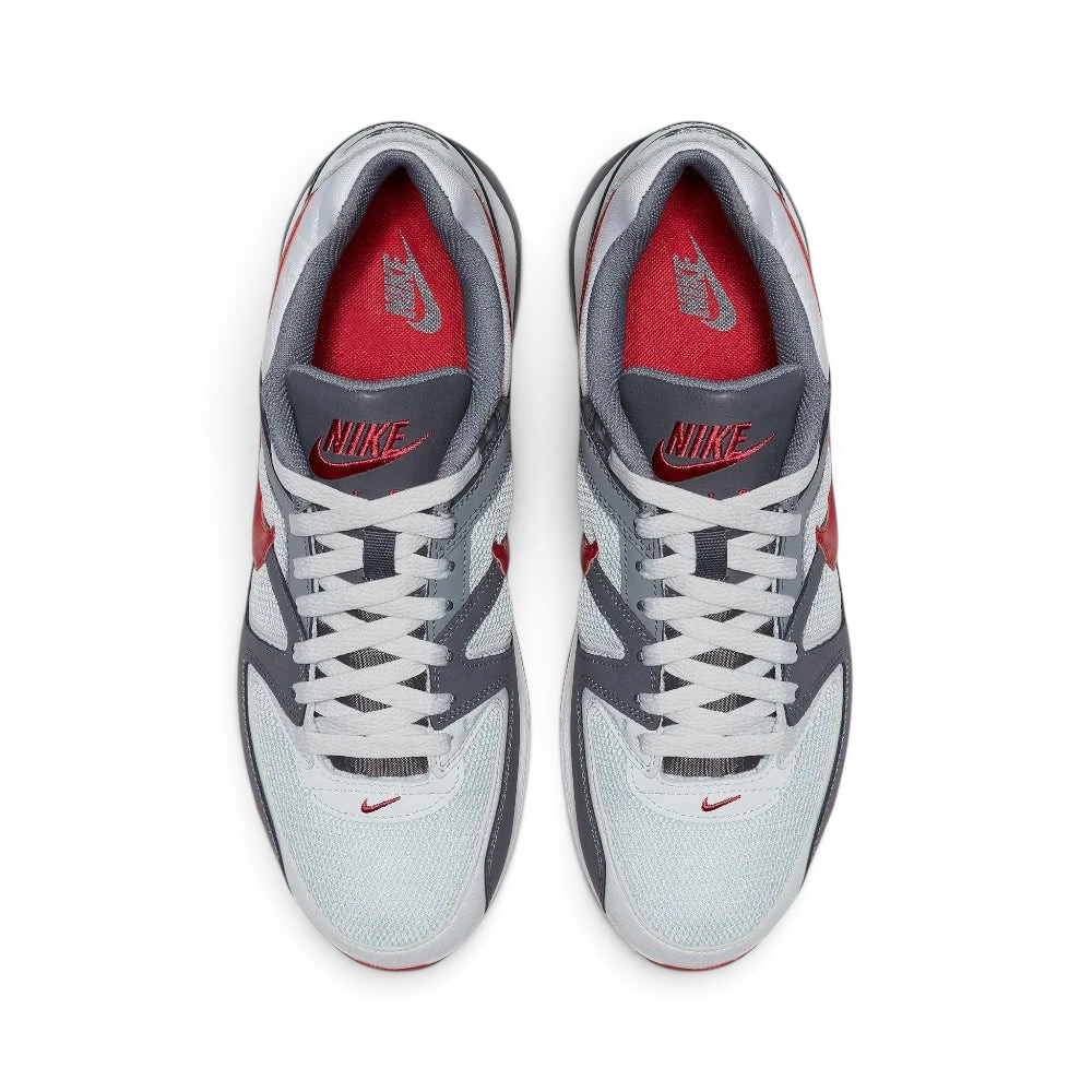 Trade Sports Nike Air Max Command trainers in grey and white with gym red accents, viewed from directly above.