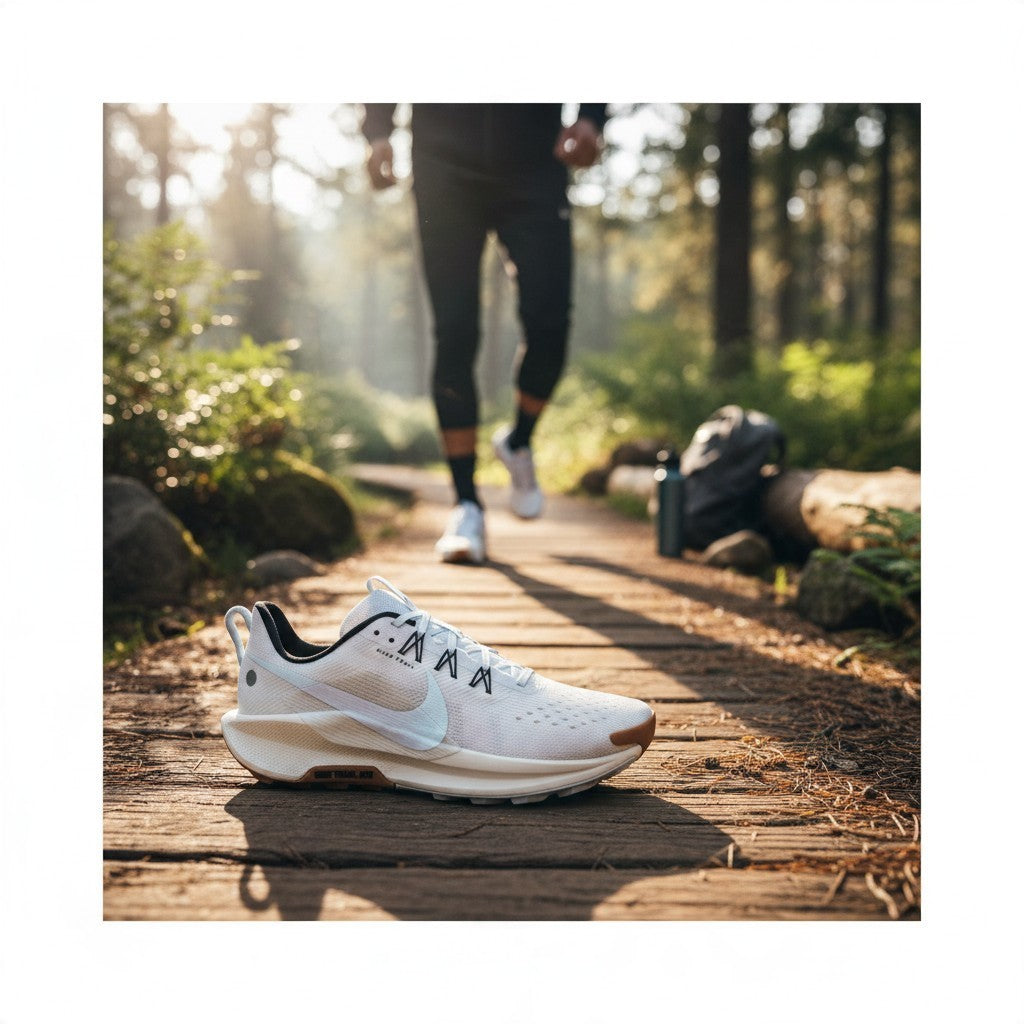 Trade Sports Nike Women's ReactX Pegasus Trail 5 in white and blue on a forest trail with a runner in the background