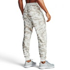 Under Armour Rival Fleece Camo Track Pants Men's in onyx white camo, back view showcasing the tapered leg design and elastic cuffs.