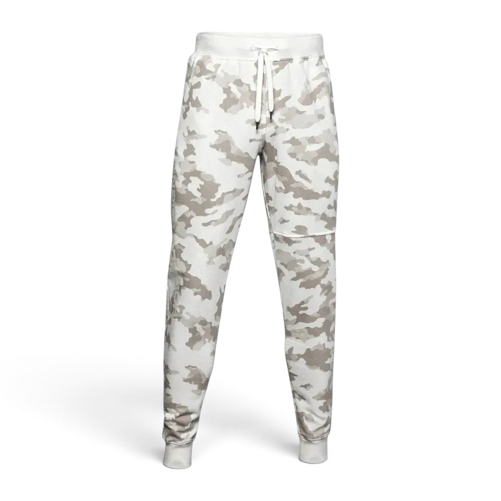 Under Armour Rival Fleece Camo Track Pants Men's in onyx white camouflage print, front view showing the tapered leg, elastic drawcord waist, and front pockets.