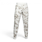 Under Armour Rival Fleece Camo Track Pants Men's in onyx white camouflage print, front view showing the tapered leg, elastic drawcord waist, and front pockets.