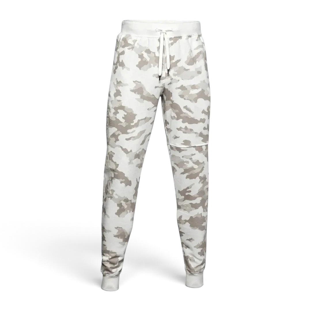 Under Armour Rival Fleece Camo Track Pants Men's in onyx white camouflage print, front view showing the tapered leg, elastic drawcord waist, and front pockets.