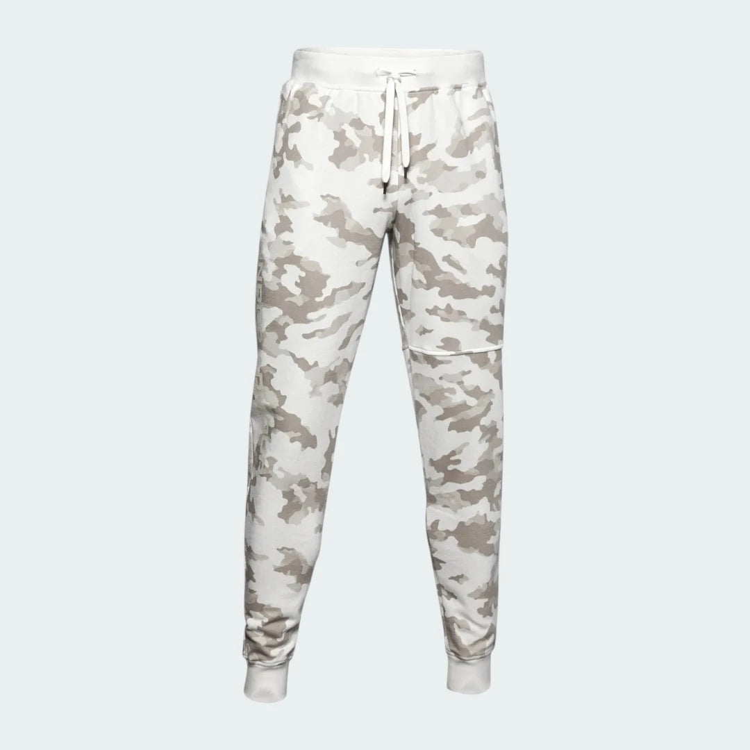 Under Armour Rival Fleece Camo Track Pants Men's in onyx white camouflage print, front view showing the tapered leg, elastic drawcord waist, and front pockets.
