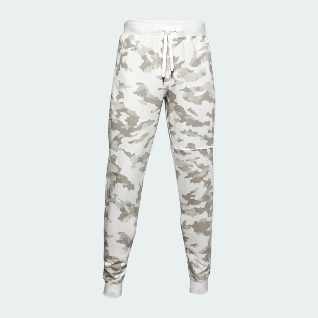 Under Armour Rival Fleece Camo Track Pants Men's in onyx white camouflage print, front view showing the tapered leg, elastic drawcord waist, and front pockets.