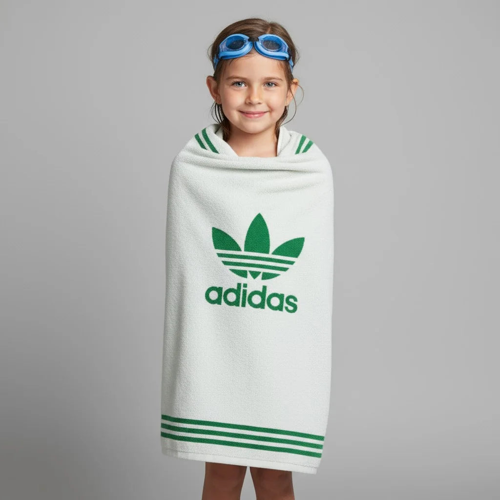 Child wrapped in an Adidas towel with a gray background